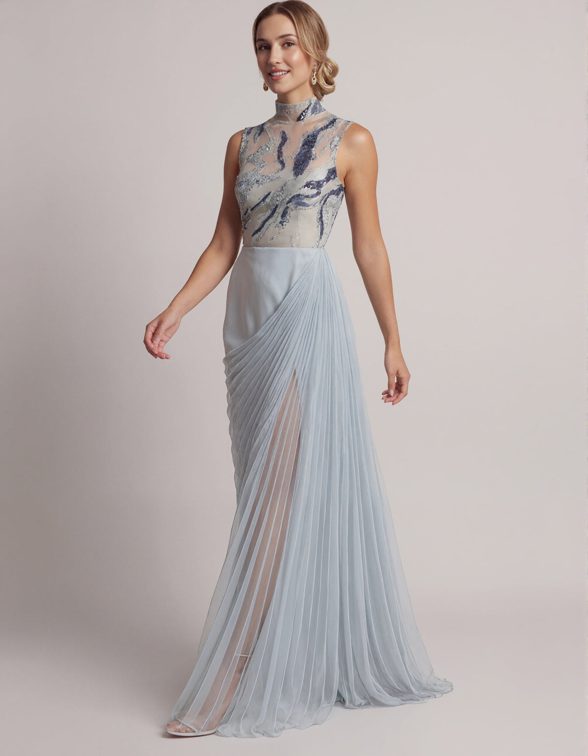 Blue Gray High Neck Tulle Sequins Maxi Dress