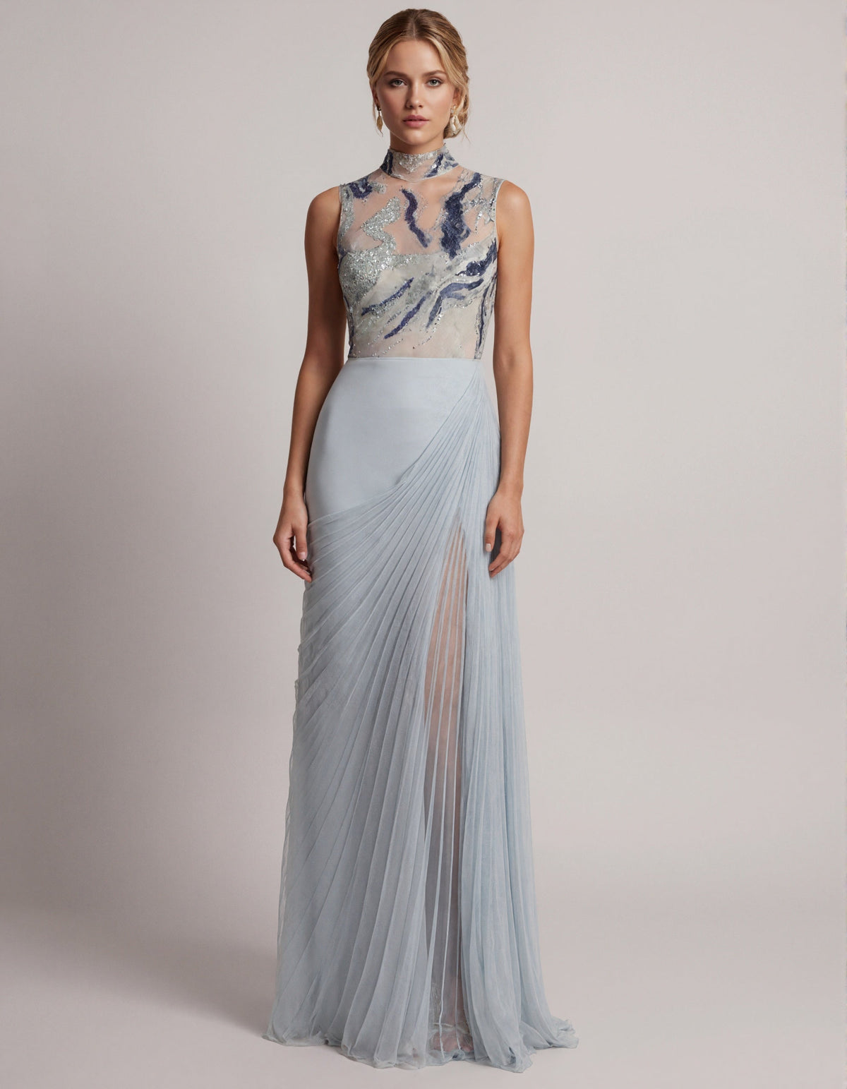 Blue Gray High Neck Tulle Sequins Maxi Dress