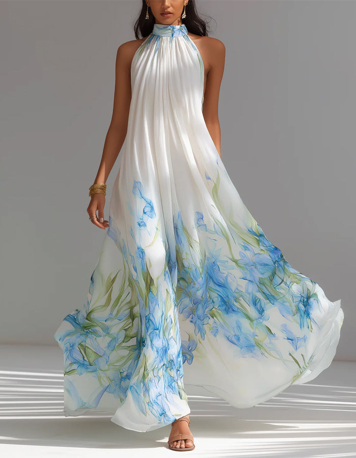 Robe longue en mousseline blanche à motif floral aquarelle bleu