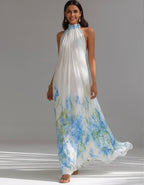 Robe longue en mousseline blanche à motif floral aquarelle bleu