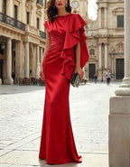 Solid Color Draped Satin Shawl Fishtail Maxi Dress