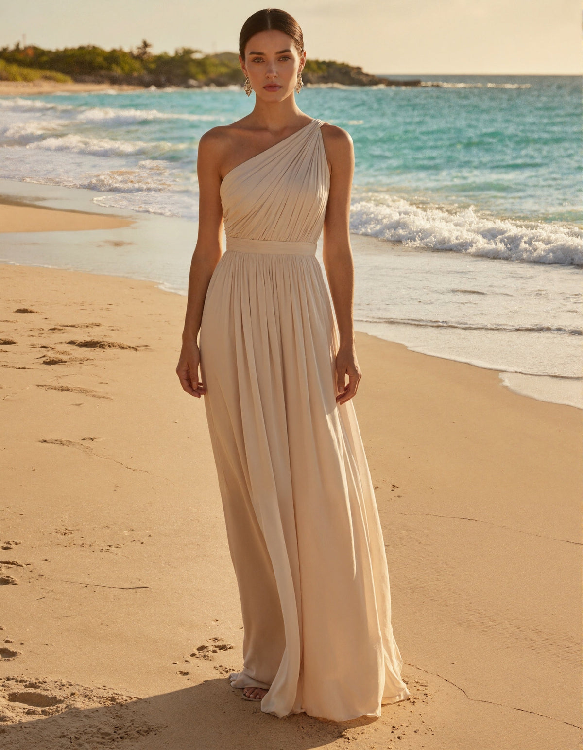 Apricot Chiffon One Shoulder Maxi Dress