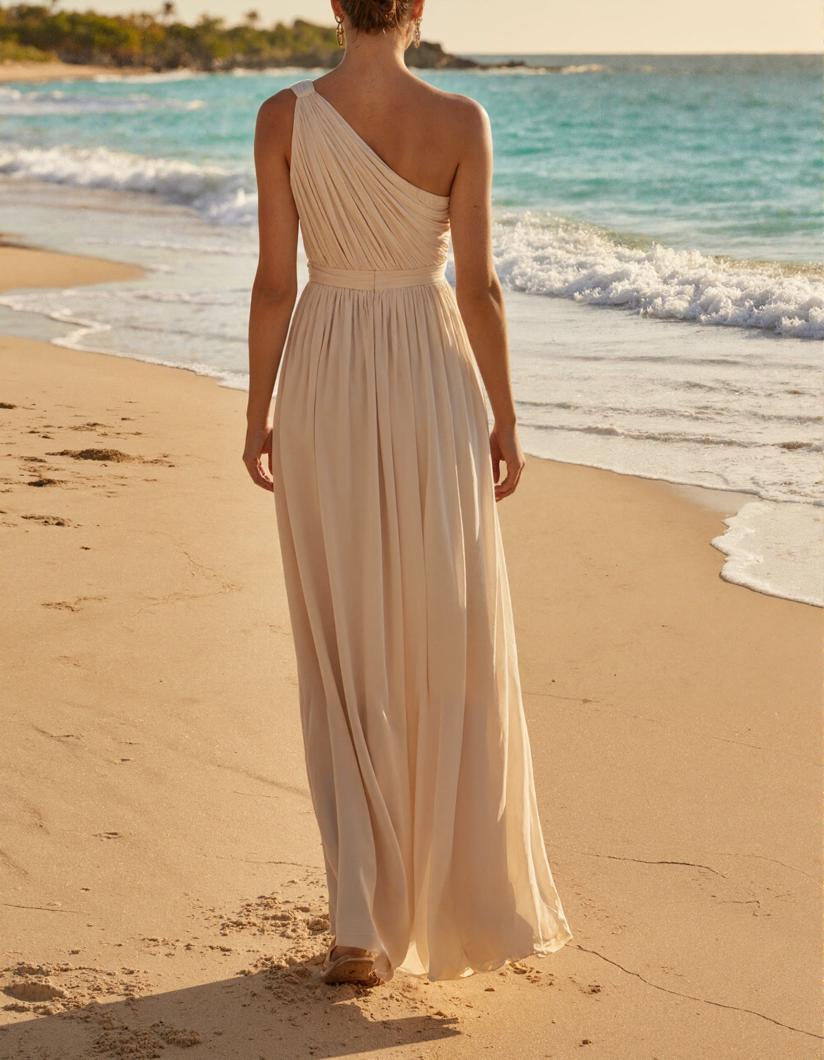 Apricot Chiffon One Shoulder Maxi Dress
