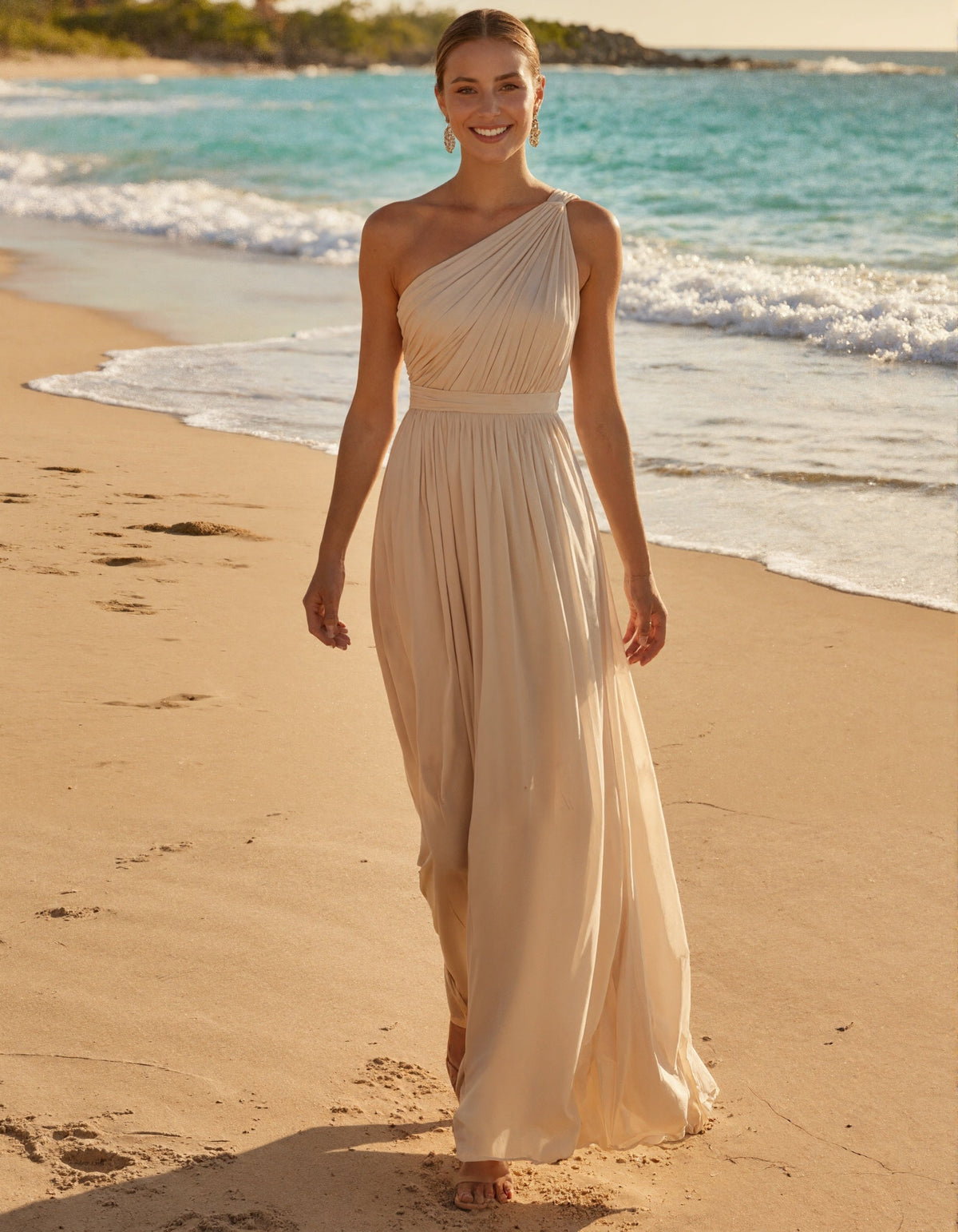 Apricot Chiffon One Shoulder Maxi Dress