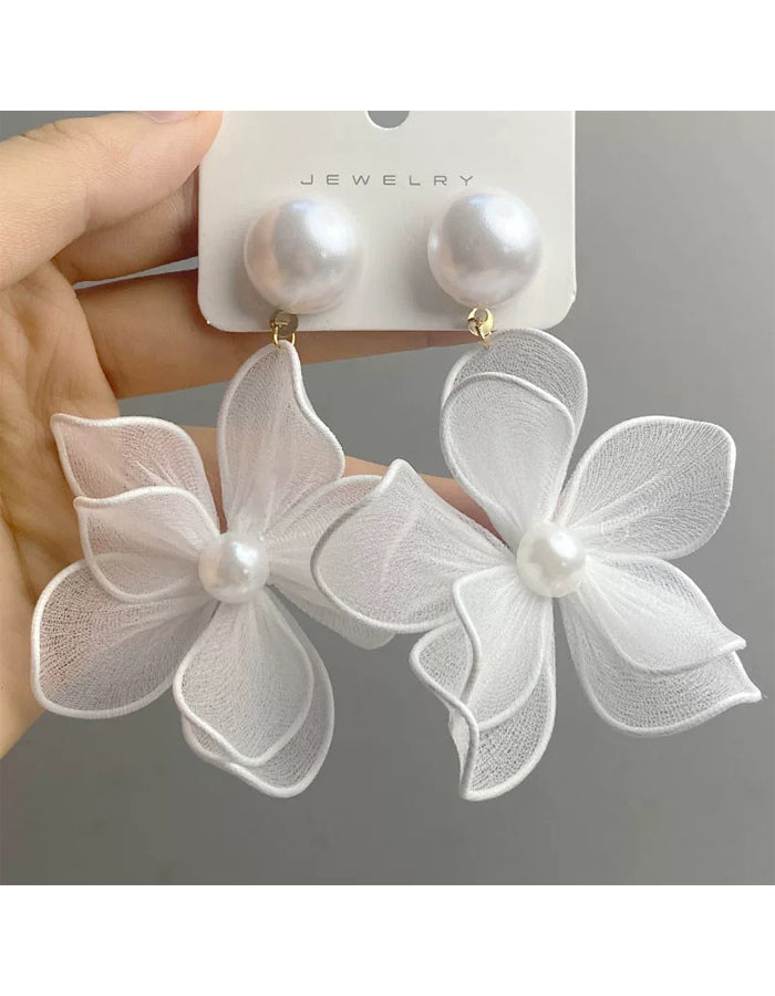 Fabric Pearl Flower Earrings