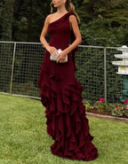 Solid Color One Shoulder Ruffled Chiffon Maxi Dress