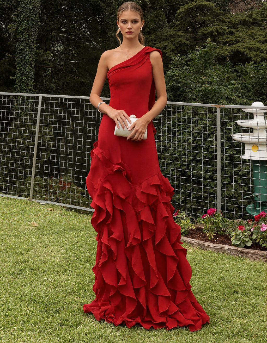 Solid Color One Shoulder Ruffled Chiffon Maxi Dress