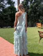 Solid Color One Shoulder Ruffled Chiffon Maxi Dress