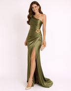 Robe longue en satin à épaules dénudées vert olive