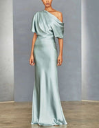 Aqua Green Satin Asymmetrical Off Shoulder Maxi Dress