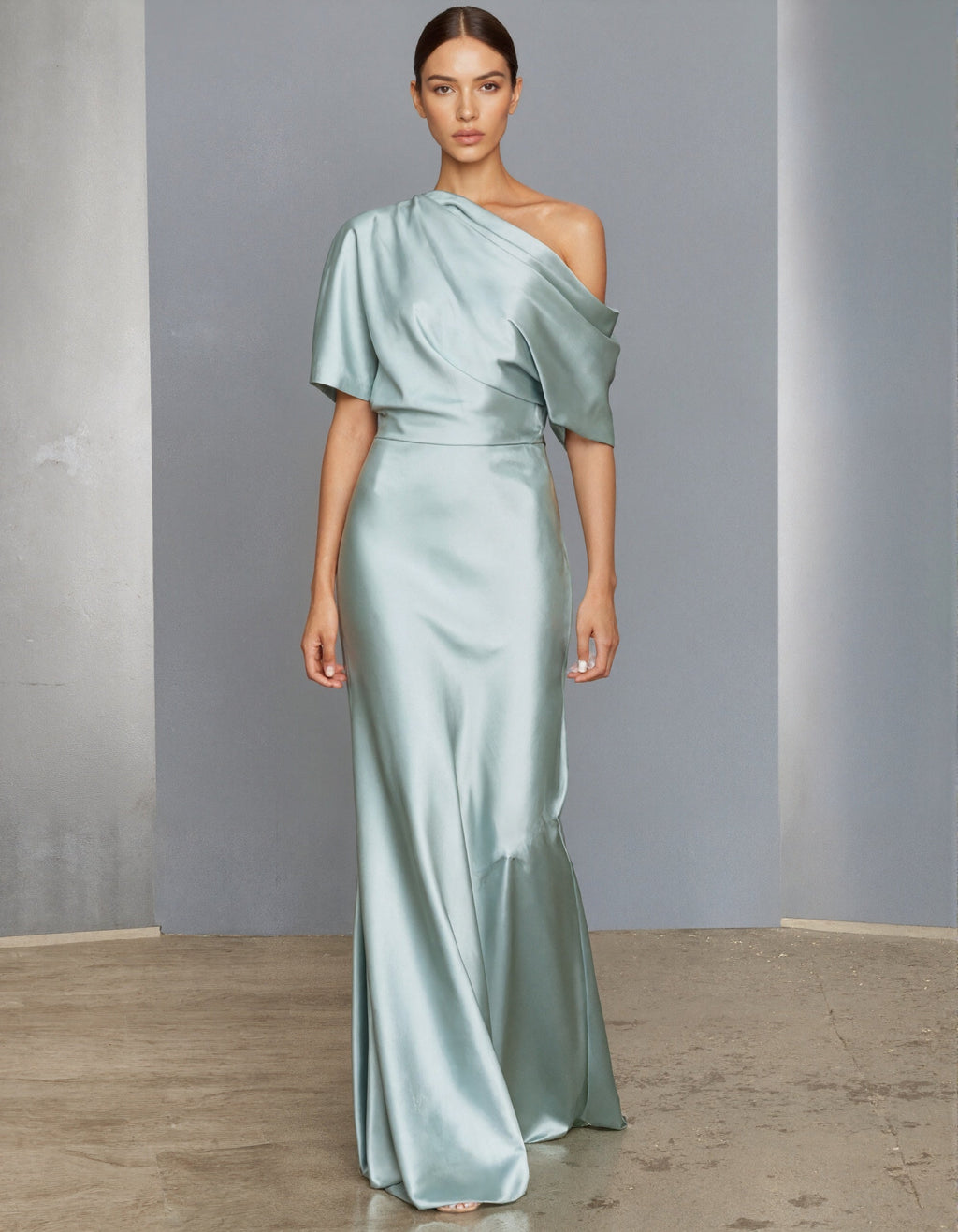 Aqua Green Satin Asymmetrical Off Shoulder Maxi Dress