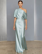Aqua Green Satin Asymmetrical Off Shoulder Maxi Dress