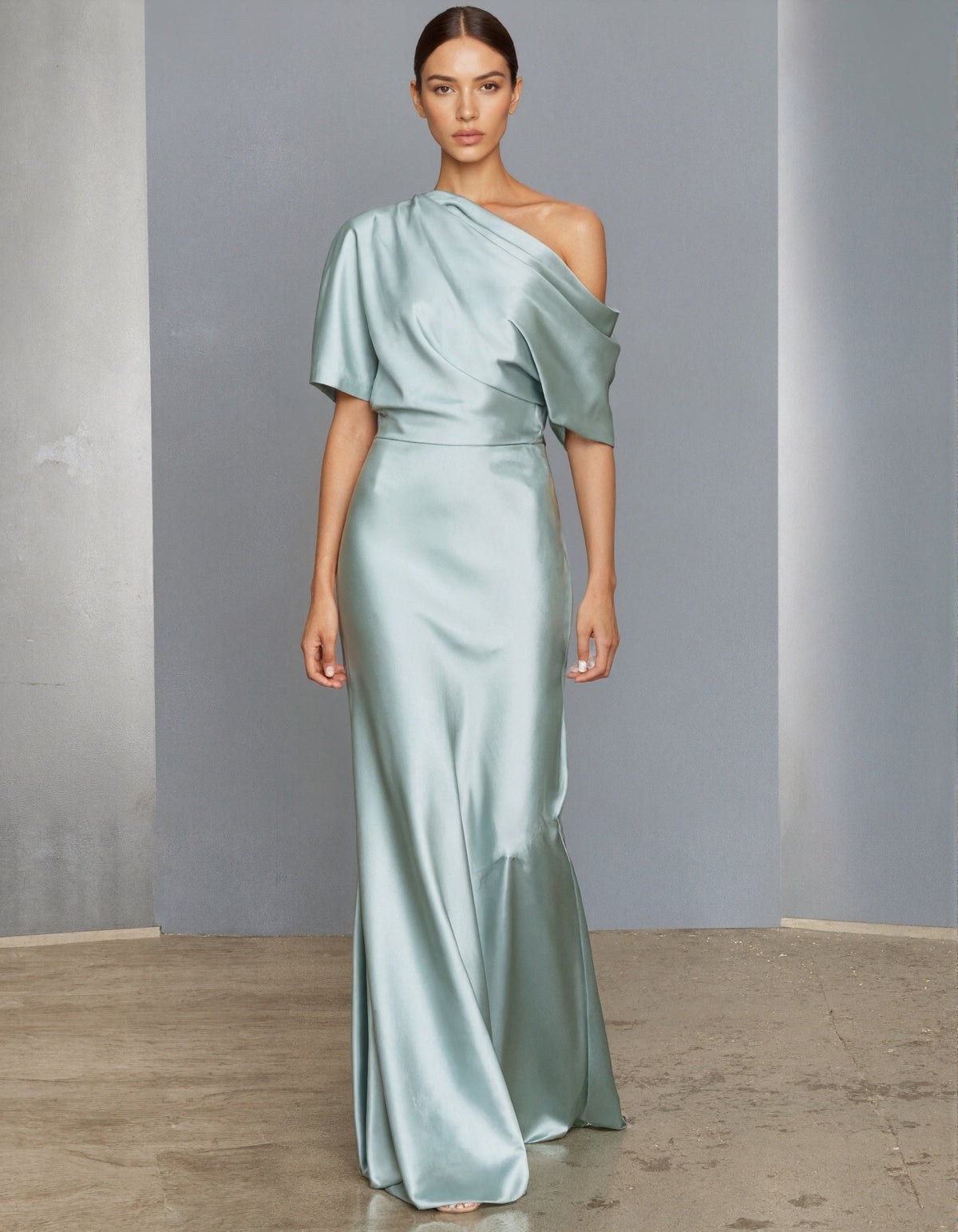 Aqua Green Satin Asymmetrical Off Shoulder Maxi Dress