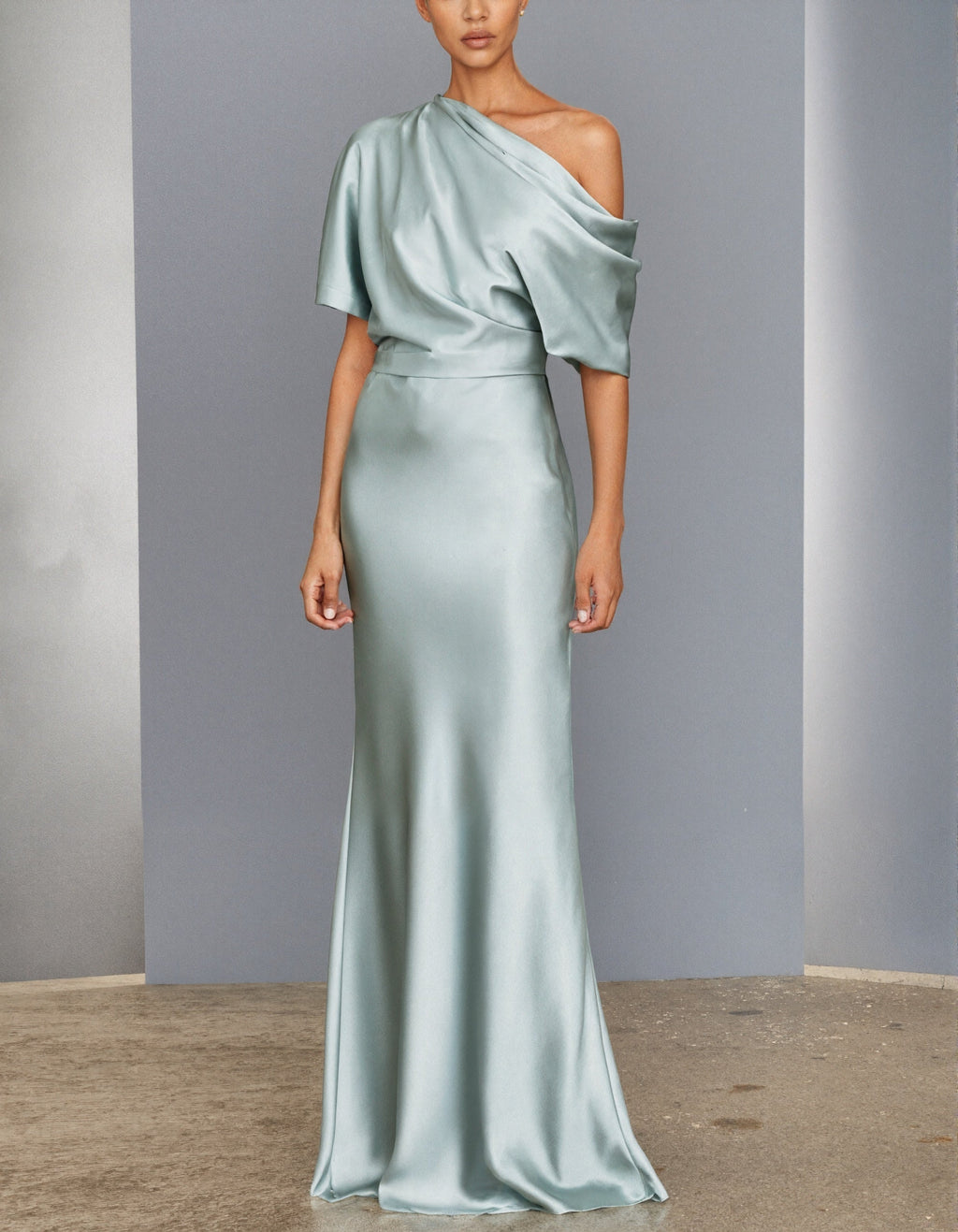 Aqua Green Satin Asymmetrical Off Shoulder Maxi Dress