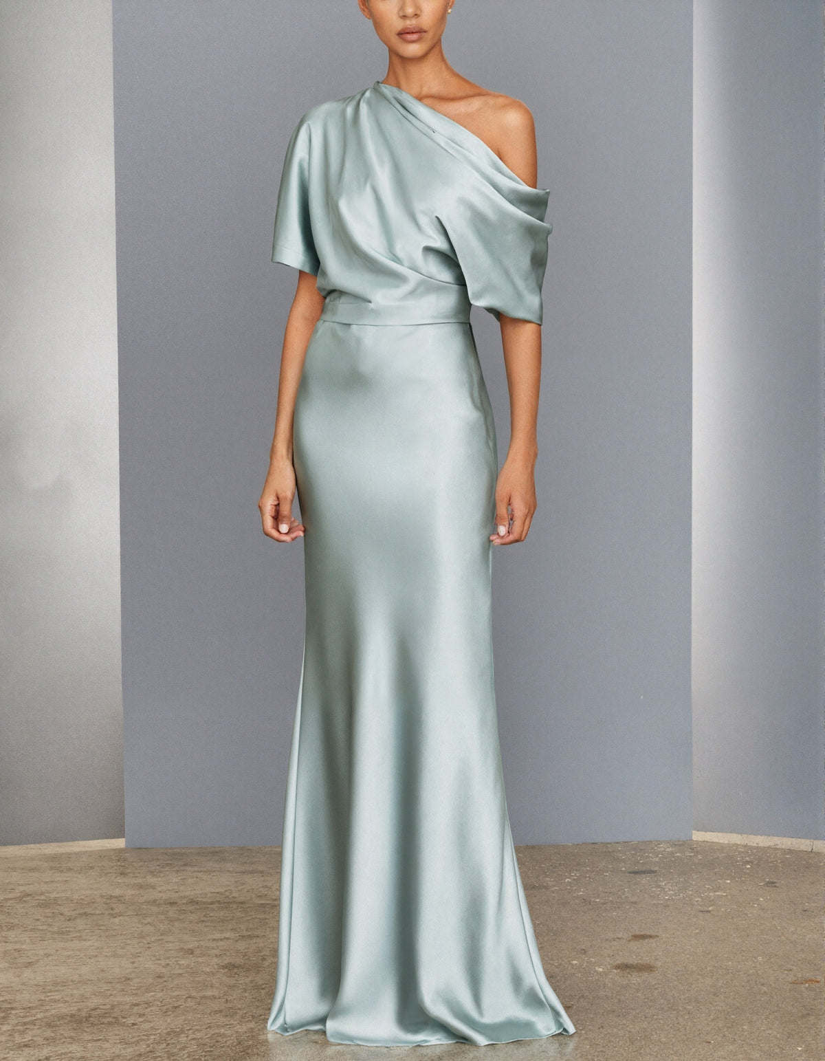 Aqua Green Satin Asymmetrical Off Shoulder Maxi Dress
