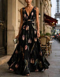 Solid Color Chiffon Tulip Print Maxi Dress