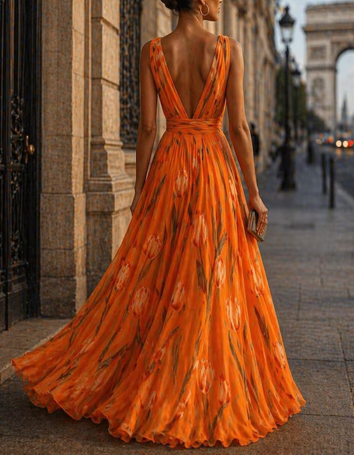 Solid Color Chiffon Tulip Print Maxi Dress
