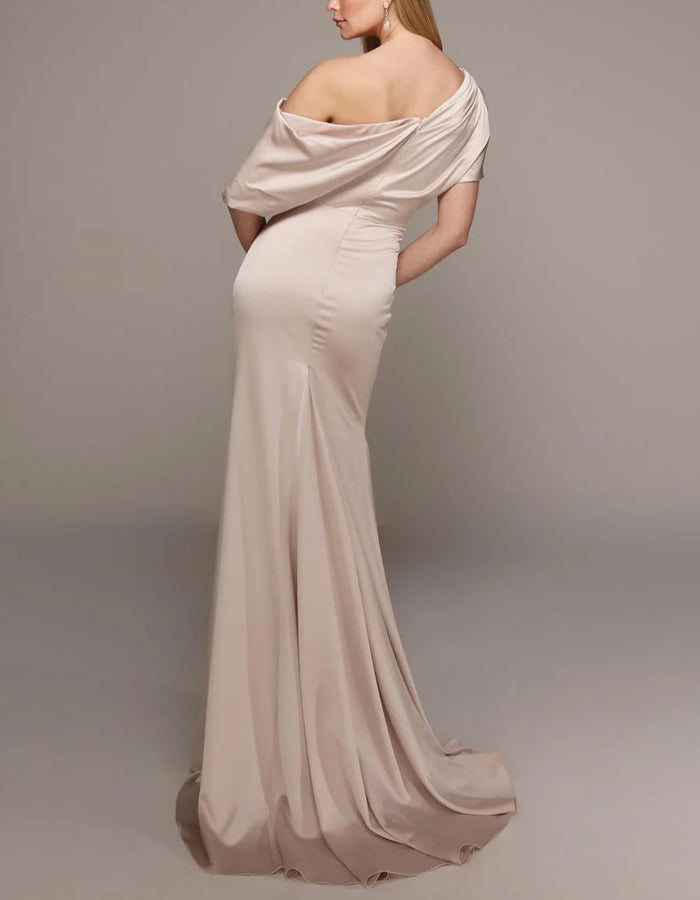 Solid Color Satin Off Shoulder Draped Maxi Dress