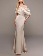 Solid Color Satin Off Shoulder Draped Maxi Dress