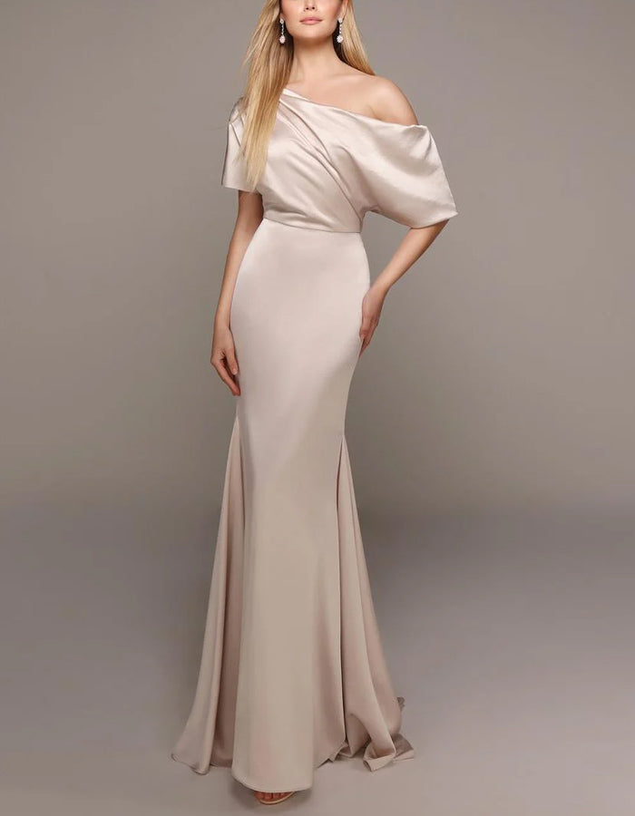 Solid Color Satin Off Shoulder Draped Maxi Dress