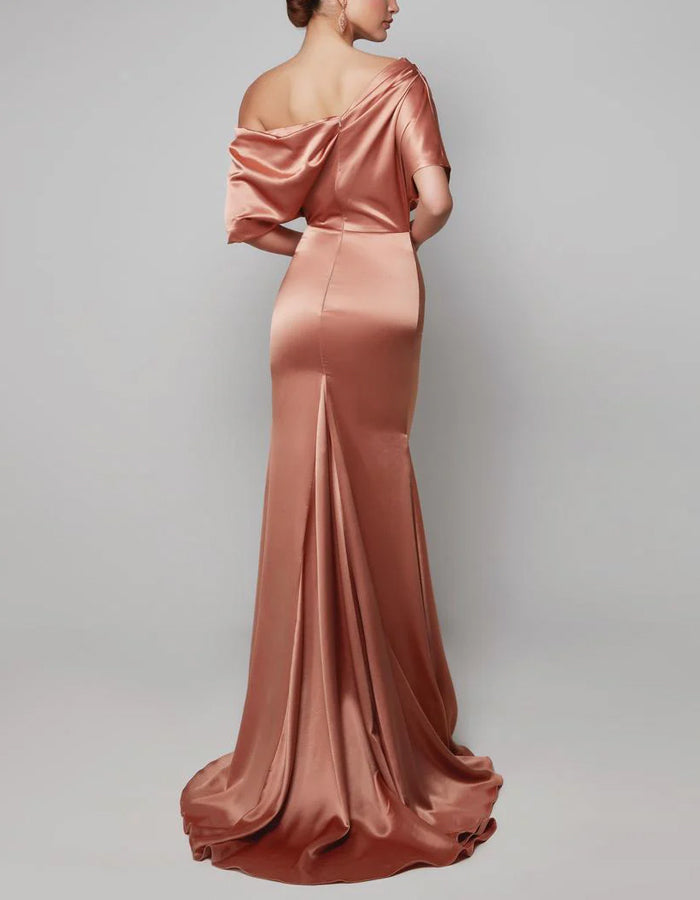 Solid Color Satin Off Shoulder Draped Maxi Dress