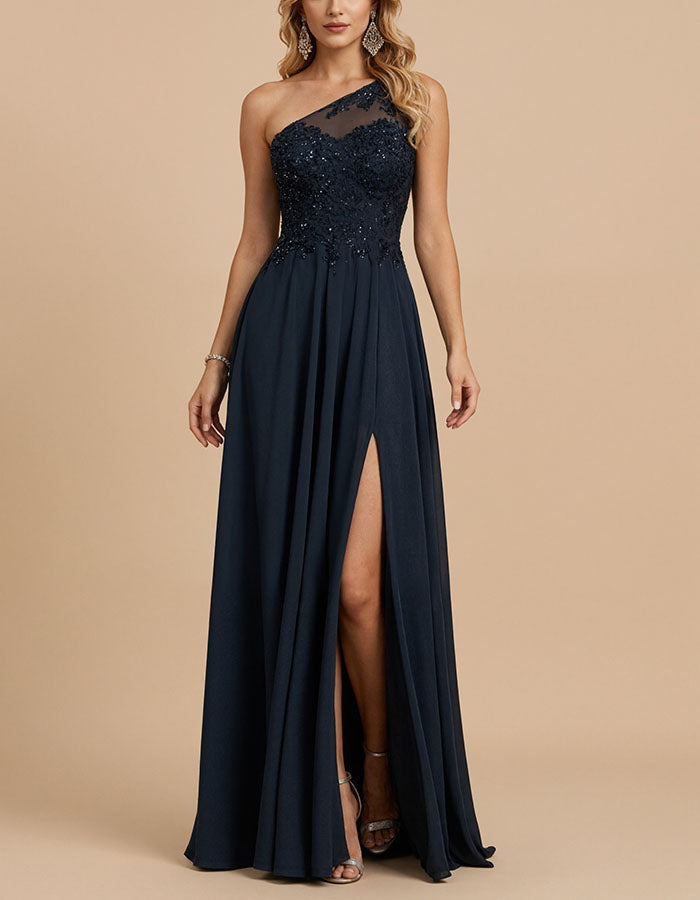 Abito lungo in chiffon con pizzo monospalla blu navy