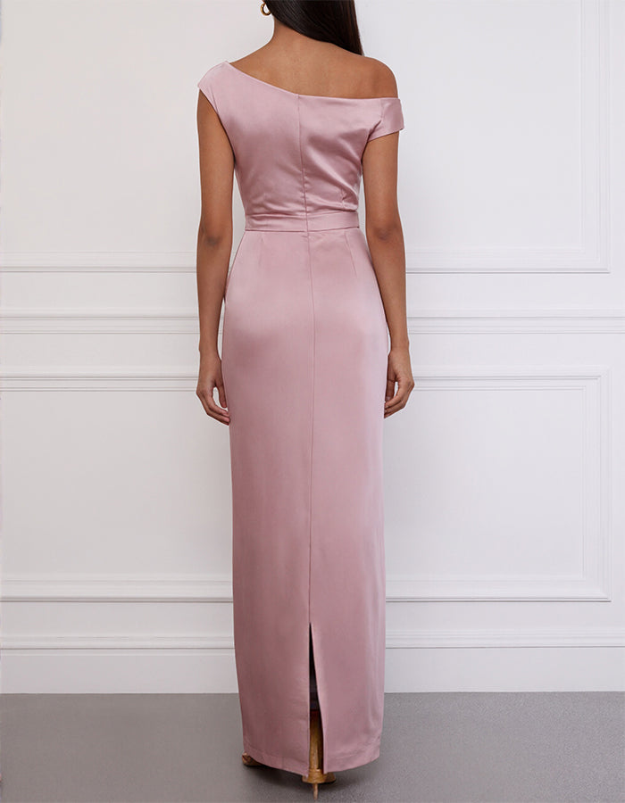 Graurosa Satin-Maxikleid mit asymmetrischer Schulterpartie