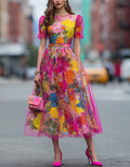 Robe midi en tulle à motif floral aquarelle