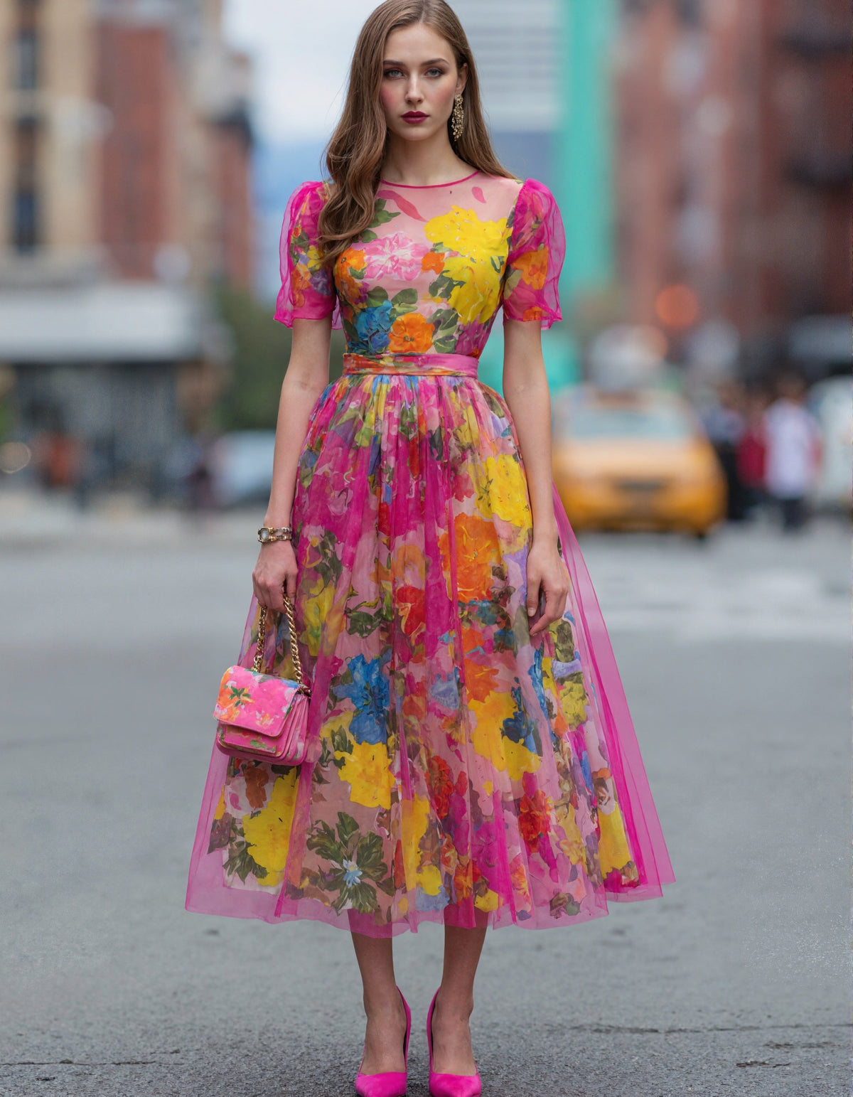Robe midi en tulle à motif floral aquarelle