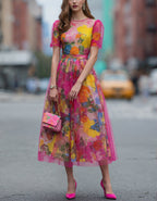 Robe midi en tulle à motif floral aquarelle