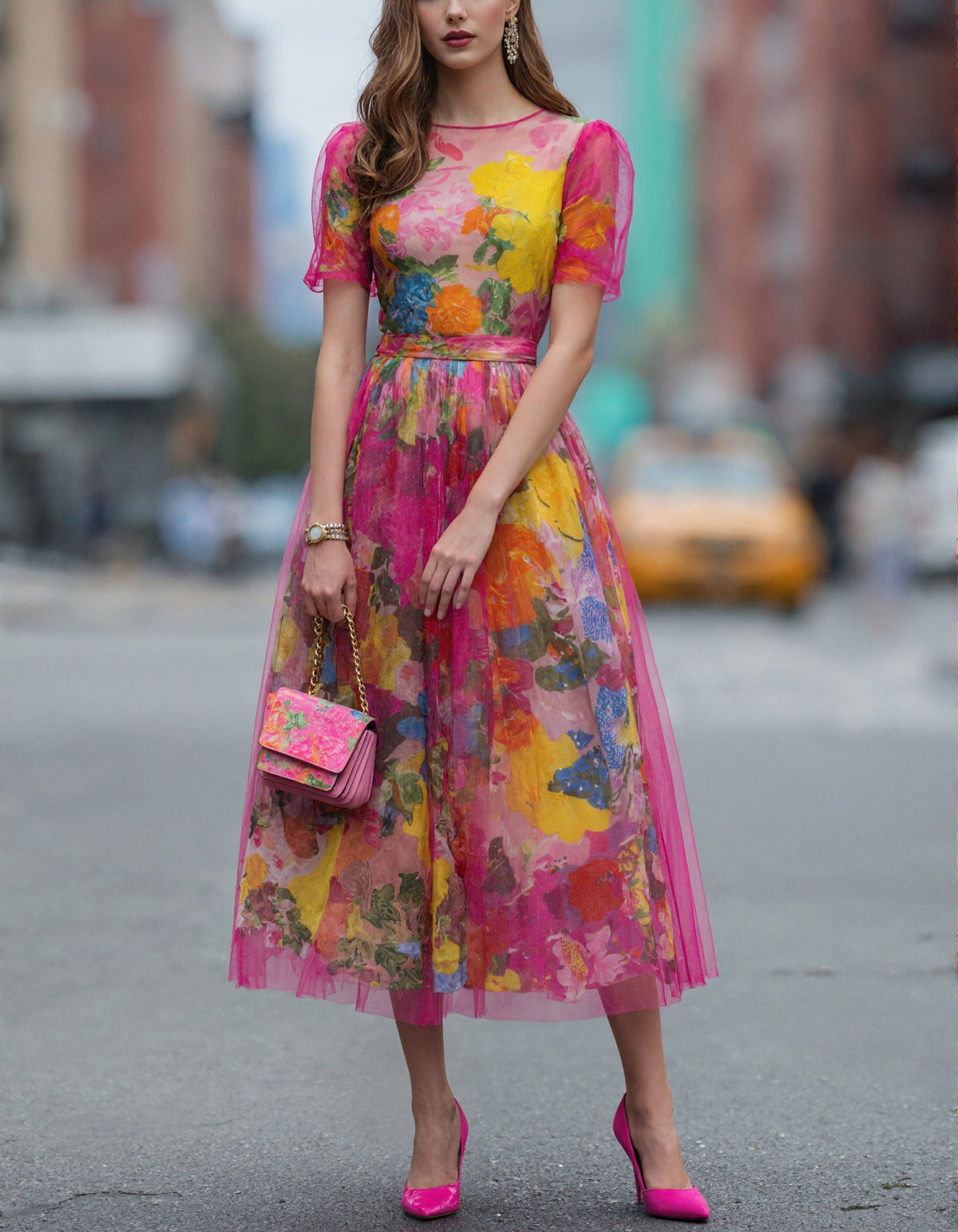 Robe midi en tulle à motif floral aquarelle