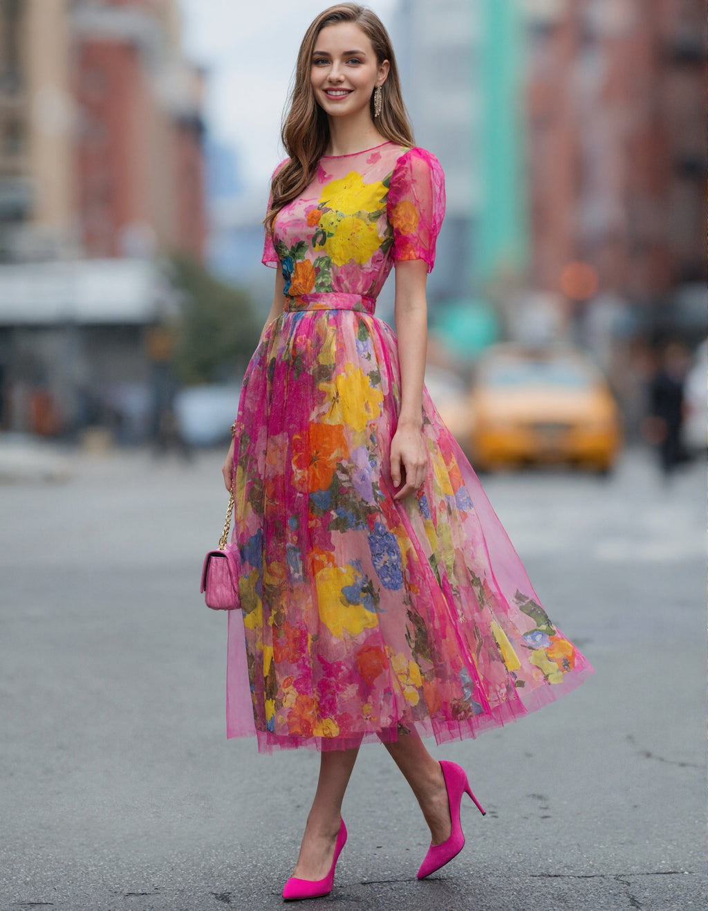 Robe midi en tulle à motif floral aquarelle