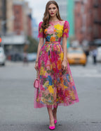 Robe midi en tulle à motif floral aquarelle