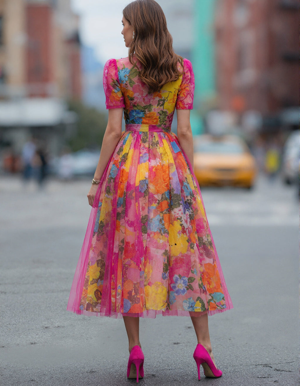 Robe midi en tulle à motif floral aquarelle