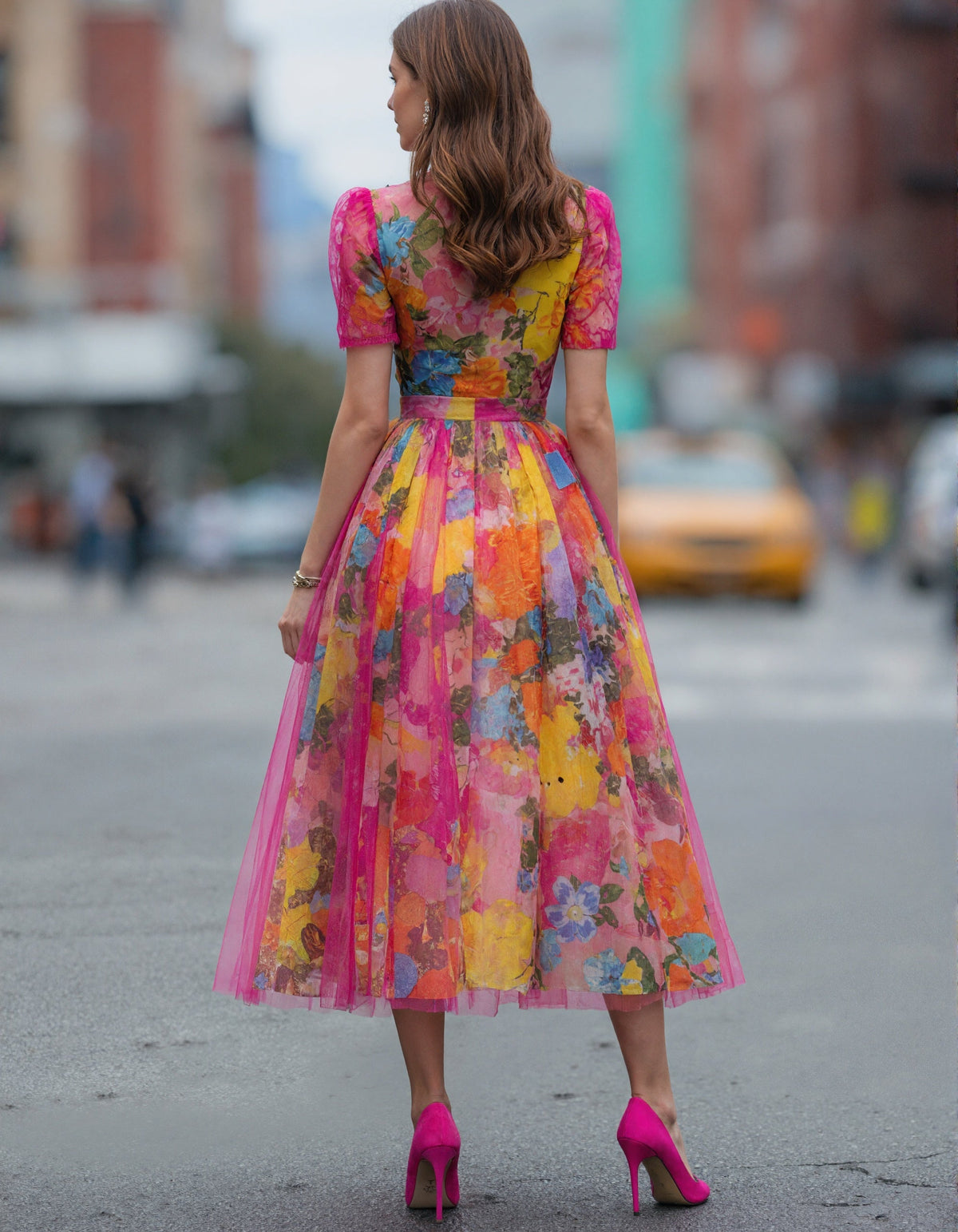 Robe midi en tulle à motif floral aquarelle