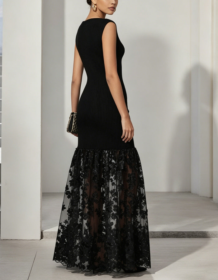 Black Lace Patchwork Maxi Dress