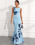 Light Blue Floral Print Maxi Dress