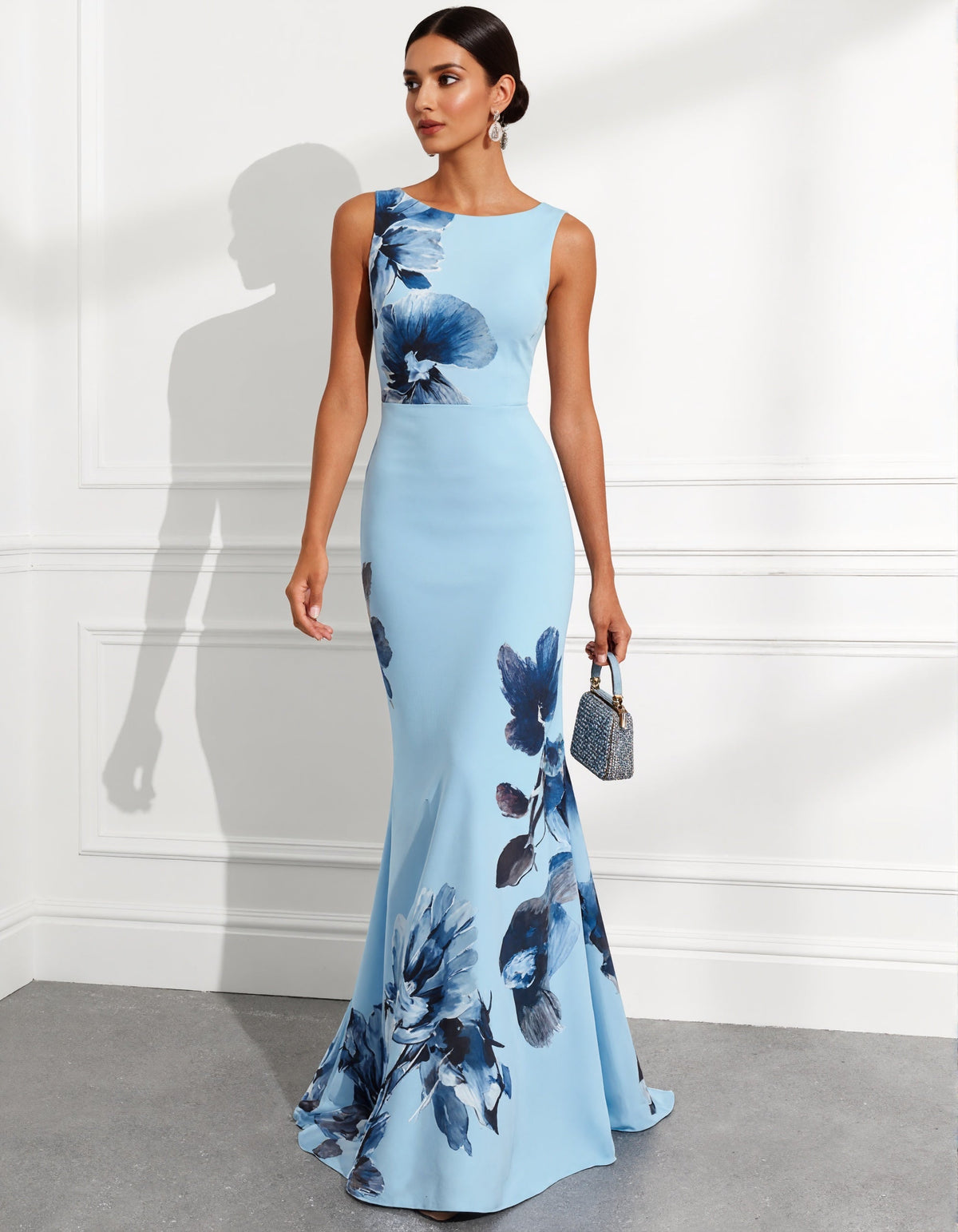 Light Blue Floral Print Maxi Dress