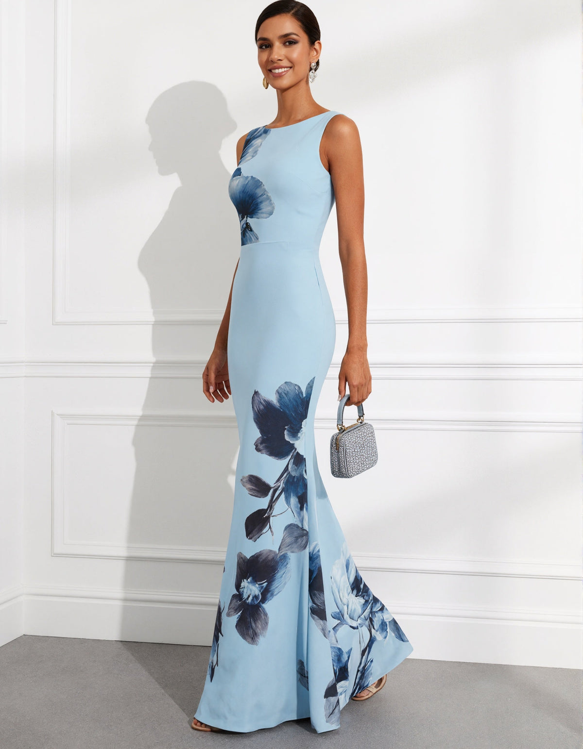 Light Blue Floral Print Maxi Dress