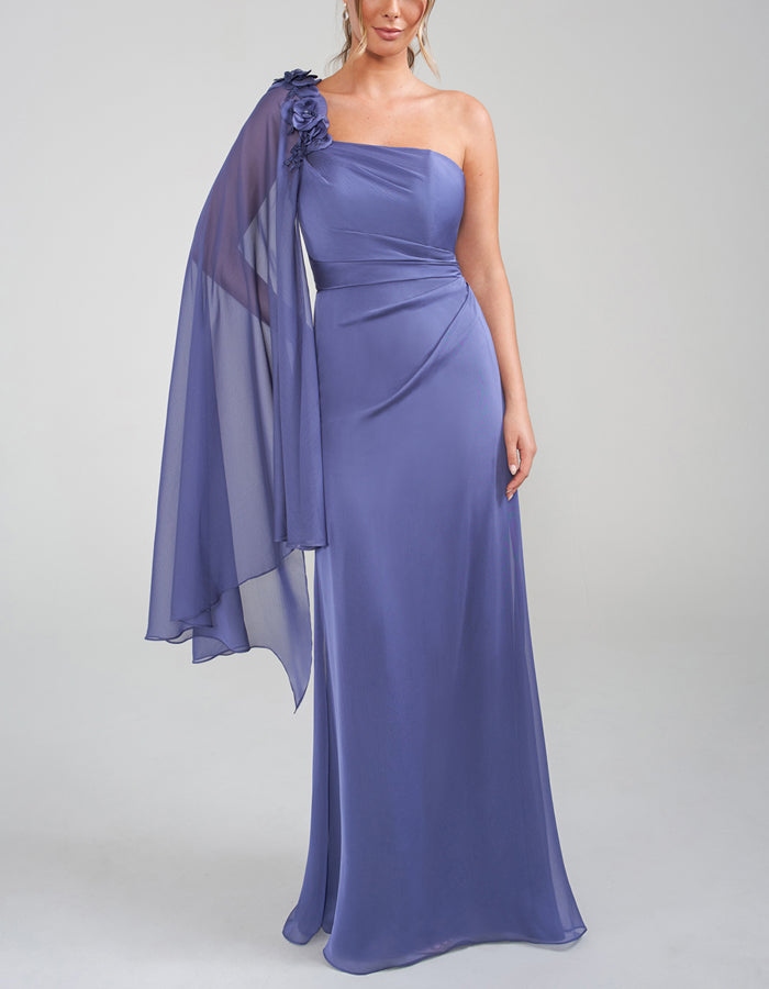 Robe longue drapée asymétrique en mousseline violette