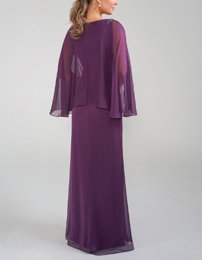 Purple Chiffon Shawl Sleeves Maxi Dress