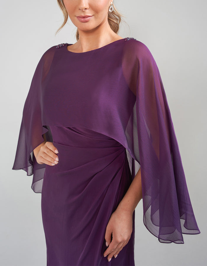 Purple Chiffon Shawl Sleeves Maxi Dress