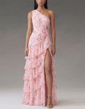 Pinkfarbenes florales Chiffon-Maxikleid mit einseitigem Träger und Rüschen