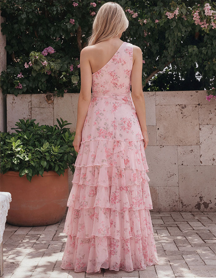 Pinkfarbenes florales Chiffon-Maxikleid mit einseitigem Träger und Rüschen