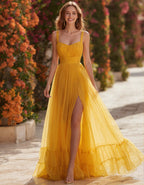 Robe longue caraco transparente jaune
