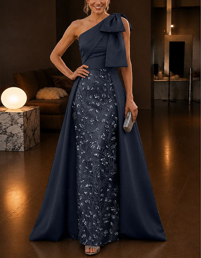 Solid Color Satin Sequined One Shoulder Maxi Dress