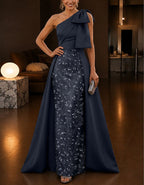 Solid Color Satin Sequined One Shoulder Maxi Dress