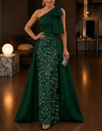 Solid Color Satin Sequined One Shoulder Maxi Dress