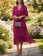 Solid Color V-Neck Ruffled Chiffon Midi Dress