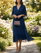 Solid Color V-Neck Ruffled Chiffon Midi Dress
